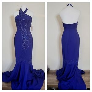Landa Royal Blue Open Back Long Mermaid Beaded Sexy Prom Evening Dress Size 8